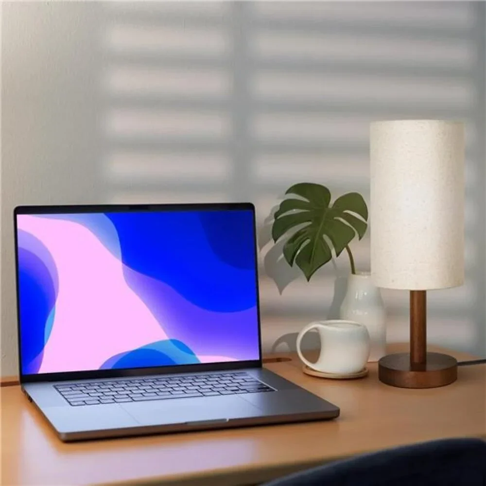 Small table lamp wood base linen shade LED nightstand light for bedroom desk